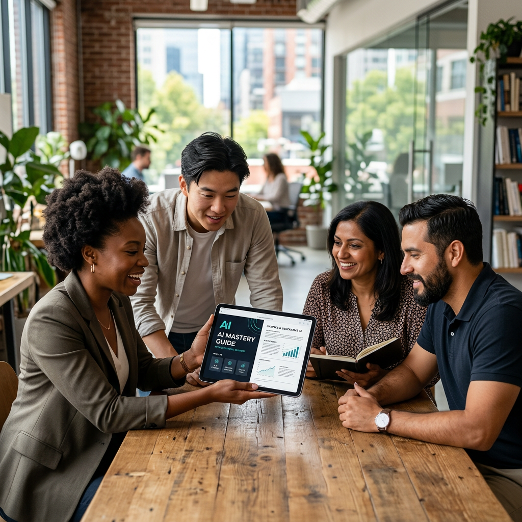 Group of entrepreneurs discussing the AI Mastery Guide on a tablet