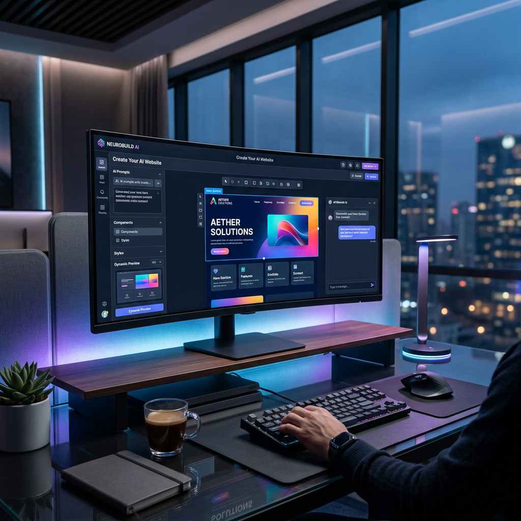 Futuristic workspace with AI website builder interface