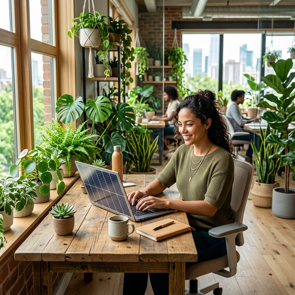 Entrepreneur working in a sustainable office with green plants and solar laptop