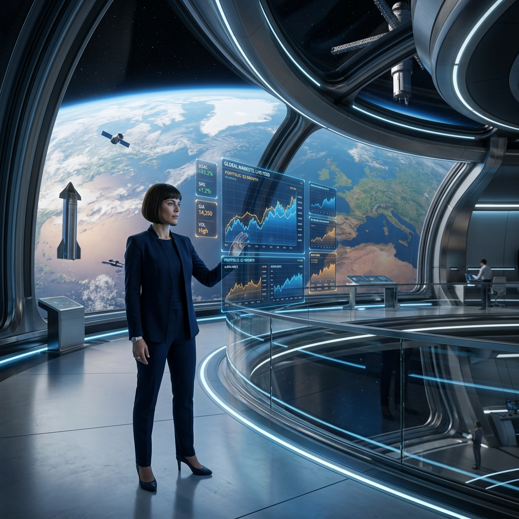 Futuristic observation deck overlooking Earth with holographic financial charts